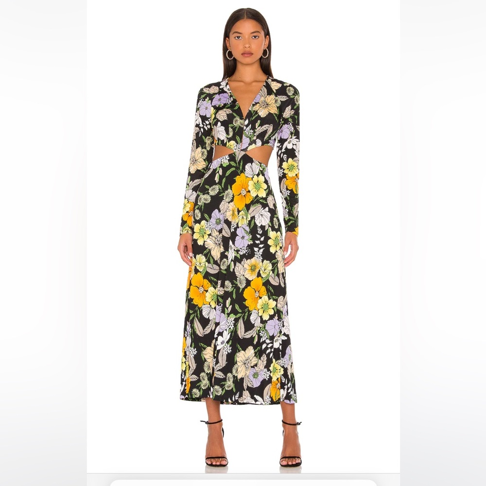 AFRM midi dress with waist cut outs, back tie, 70’s floral print. Never worn. M
